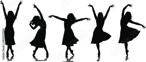 Graceful dancing woman silhouettes performing elegant ballet poses, feminine movement and artistic expression concept illustration isolated white background