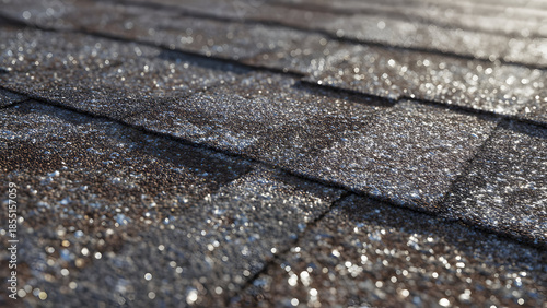 Ultra-realistic macro close-up of asphalt shingle surface showing layered granules, subtle color variation, and weathered texture