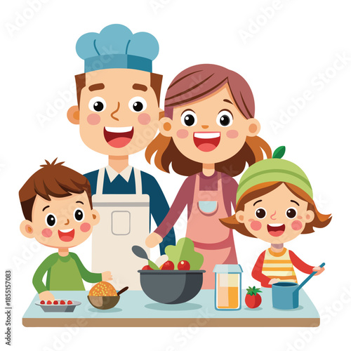 happy family cooking mother with son and daughter cartoon illustration