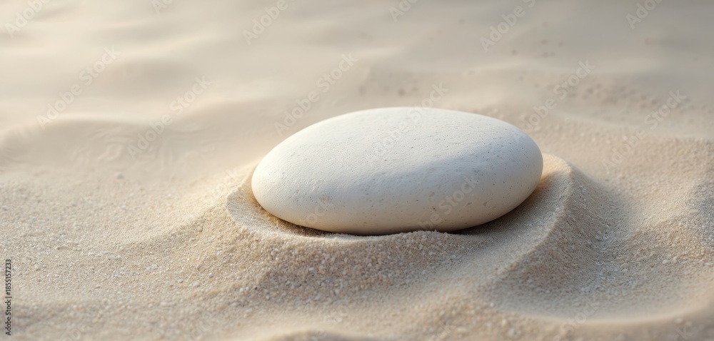 Obraz premium Smooth white stone settled on fine grainy sand. Natural textured background creates serene aesthetic for relaxation and minimalist design. Calm, simple scene.
