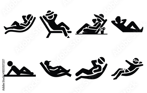 Silhouette of summer relaxation pose vector icon set collection. summer icons concept isolated on white, vector illustration