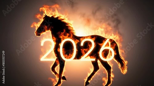 A dramatic digital illustration captures a dynamic horse silhouette engulfed in bright, fiery orange flames, featuring the glowing neon number 2026 against a smoky, high-contrast dark background.