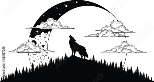 Howling wolf silhouette, under full moon night forest illustration, wildlife nature mystic landscape black white art minimal vector design poster