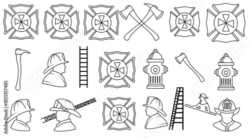 Set of black-and-white firefighter line icons featuring gear, symbols, and equipment for emergency response, safety, and rescue design projects