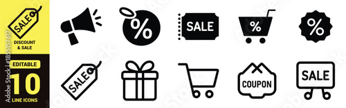 Discount and Sale Icon Set with Shopping Cart, Price Tag, Gift Box, Percentage, Coupon, Megaphone, and Promotional Offer Vector Symbols