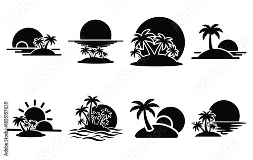 Silhouette of tropical island sun vector icon set collection. summer icons concept isolated on white, vector illustration