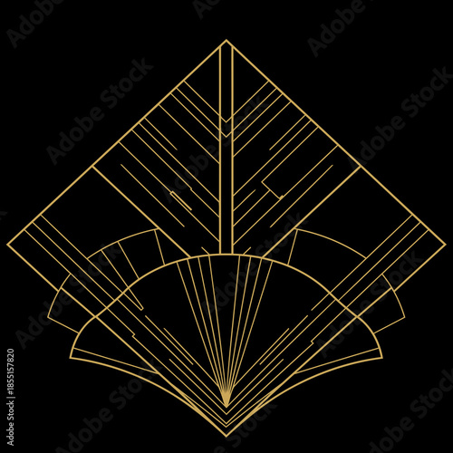 Art Deco geometric design in gold lines on black background. Ornate, symmetrical pattern with overlapping shapes, creating a sophisticated and elegant aesthetic.