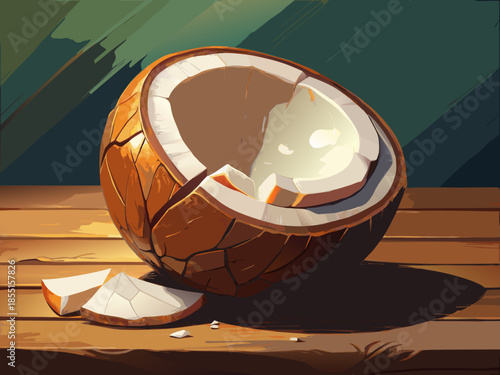vector of Cracked coconut with white flesh on dark gray background on light wooden table.