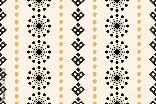 Seamless Monochrome Ikat Geometric Stripe Pattern with Ethnic Motifs. Ideal for textile design, fabric printing, wallpaper, fashion, home decor, upholstery, and stylish background applications.