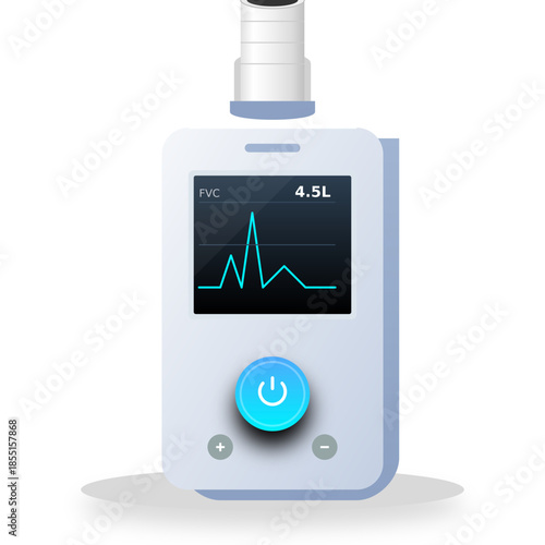 Portable digital spirometer device for lung function testing with screen display and control buttons.