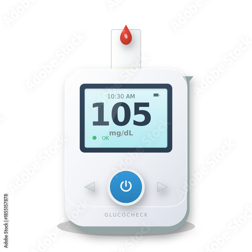 A white digital glucose meter displaying a blood sugar reading of 105 mg/dL with a blood drop on the test strip.