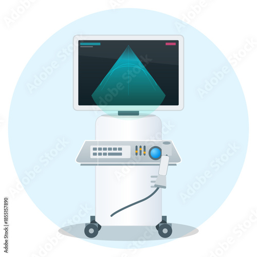 Medical ultrasound machine with monitor displaying a scan, used for diagnostic imaging.
