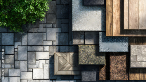Ultra-realistic overhead view of roofing materials arranged cleanly on driveway