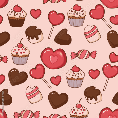 Valentines day dessert pattern with a variety of heart shaped candies, cupcakes, and chocolate treats displayed on a light pink background.