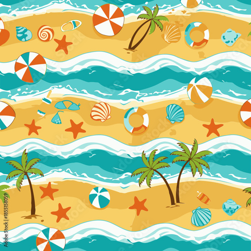 Beach scene with various beach accessories displayed on sandy shores and ocean waves. Overhead view of vacation items with palm trees and aquatic motifs.