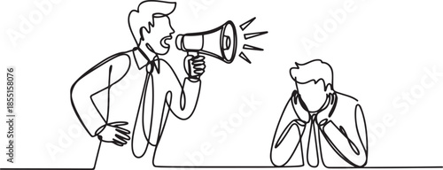 Single one line drawing young frustrated manager shouting his frightened male staff using megaphone. one line Art icon drawing