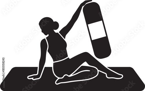 Woman doing pilates on mat holding long foam roller fitness workout exercise stretching