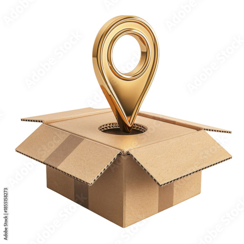 A gold location pin emerges from a cardboard box on a black background