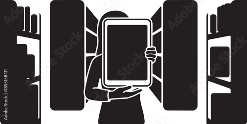 Woman silhouette holding digital tablet standing in front of library bookshelves vector design