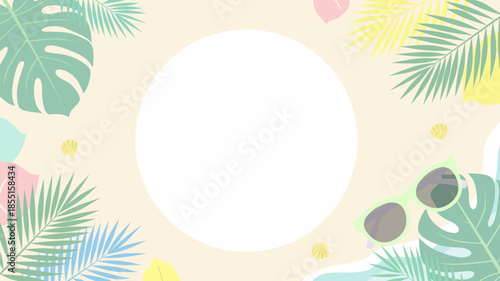 Soft Pastel Summer Tropical Leaves with Sunglasses Round Frame Background