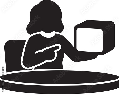 Woman silhouette pointing at television screen sitting behind desk in office studio background