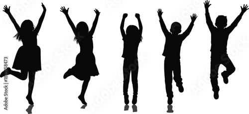 Happy children jumping silhouettes, joyful kids with raised arms celebrating fun, freedom and energy, playful childhood illustration isolated on white