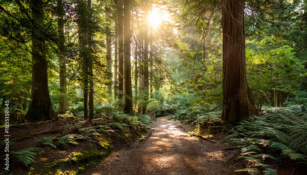 Obraz premium Sunlight Beams Through Dense Green Forest Trees Creating Peaceful Natural Path