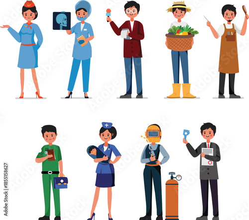 Diverse Professional Characters Set in Flat Vector Illustration Style, Representing Various Occupations and Career Paths