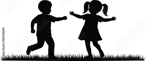 Happy children playing together silhouette, childhood joy, friendship, freedom, fun, outdoor activity, playful moment, kids bonding, innocence