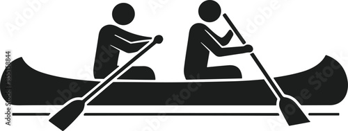 Black silhouette of two people rowing canoe boat with paddles teamwork sport icon design, cad drawing flat vector illustration