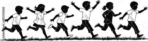 Happy children silhouette running and playing together, joyful childhood energy, freedom and friendship, outdoor fun activity, minimal black and white illustration