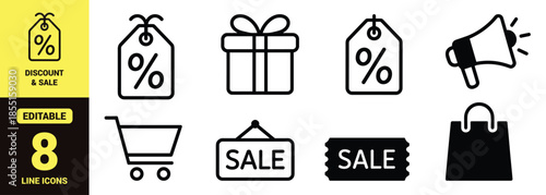 Discount and Sale Icon Set with Shopping Cart, Price Tag, Gift Box, Percentage, Coupon, Megaphone, and Promotional Offer Vector Symbols