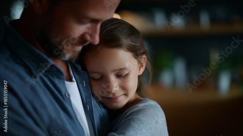 Faceless father comforting daughter at home heavily defocused background anonymous parent providing emotional support family care and empathy paternal bonding moment with