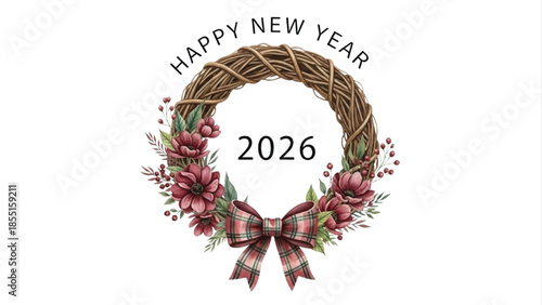 Rustic Watercolor Wreath with Woven Vine, Red Flowers and Plaid Bow, Happy New Year 2026 Floral Holiday Design on White Background