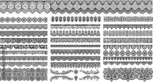 Collection of decorative vintage lace borders, black and white seamless floral patterns, intricate embroidery ornaments