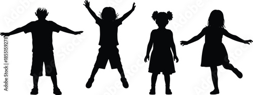 Happy children silhouettes playing and jumping together, joyful kids expressing freedom and energy on isolated white background illustration