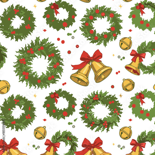 Christmas wreaths and bells graphic design pattern. Vintage style holly wreaths and gold bells with red ribbons, in a repeating pattern on a white background.