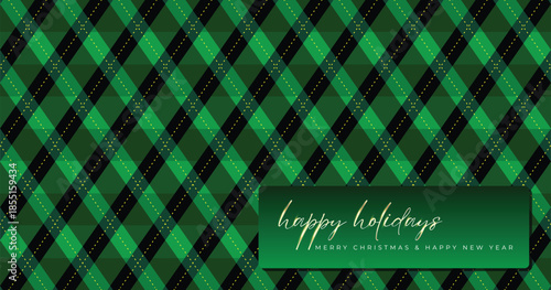 Argyle vector diagonal pattern. Dark green with thin slim golden dotted line. Xmas pattern stock illustration