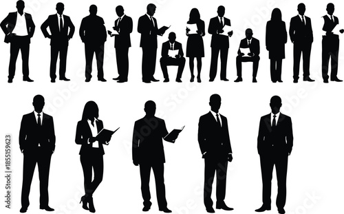 Collection of black silhouettes of business people and office workers in suits holding folders isolated on white background for corporate.
