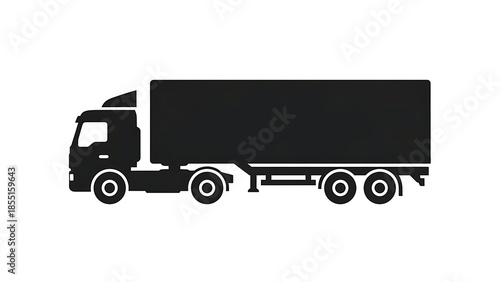 A simple black silhouette icon of a large semi-truck with an attached rectangular trailer is depicted on a clean white background.