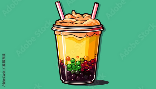 Colorful Bubble Tea with Tapioca Pearls and Creamy Topping.
