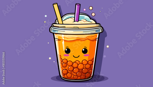 Cute Boba Tea Illustration with Kawaii Face and Colorful Straws.