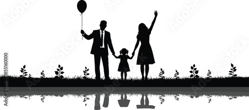 Happy family silhouette holding hands with balloon, parents and child together, love and unity, celebration, childhood joy, minimal black and white illustration