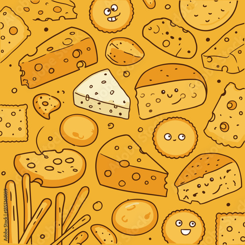 Cartoon cheese and cracker pattern on mustard yellow background. Cute food illustrations with happy faces. No specific demographic or professional role.. Digital graphic design.