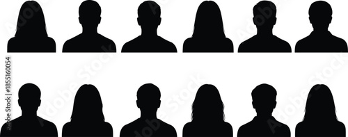 Collection of black silhouettes of diverse human head and shoulder profiles isolated on white background for social media user icons.