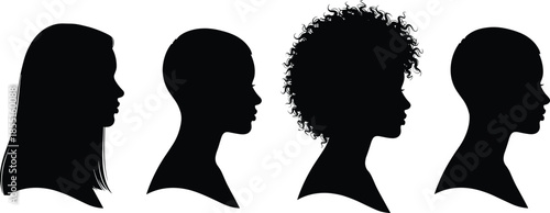 Collection of black silhouettes of diverse female head profiles with different hairstyles isolated on white background for social media icons.
