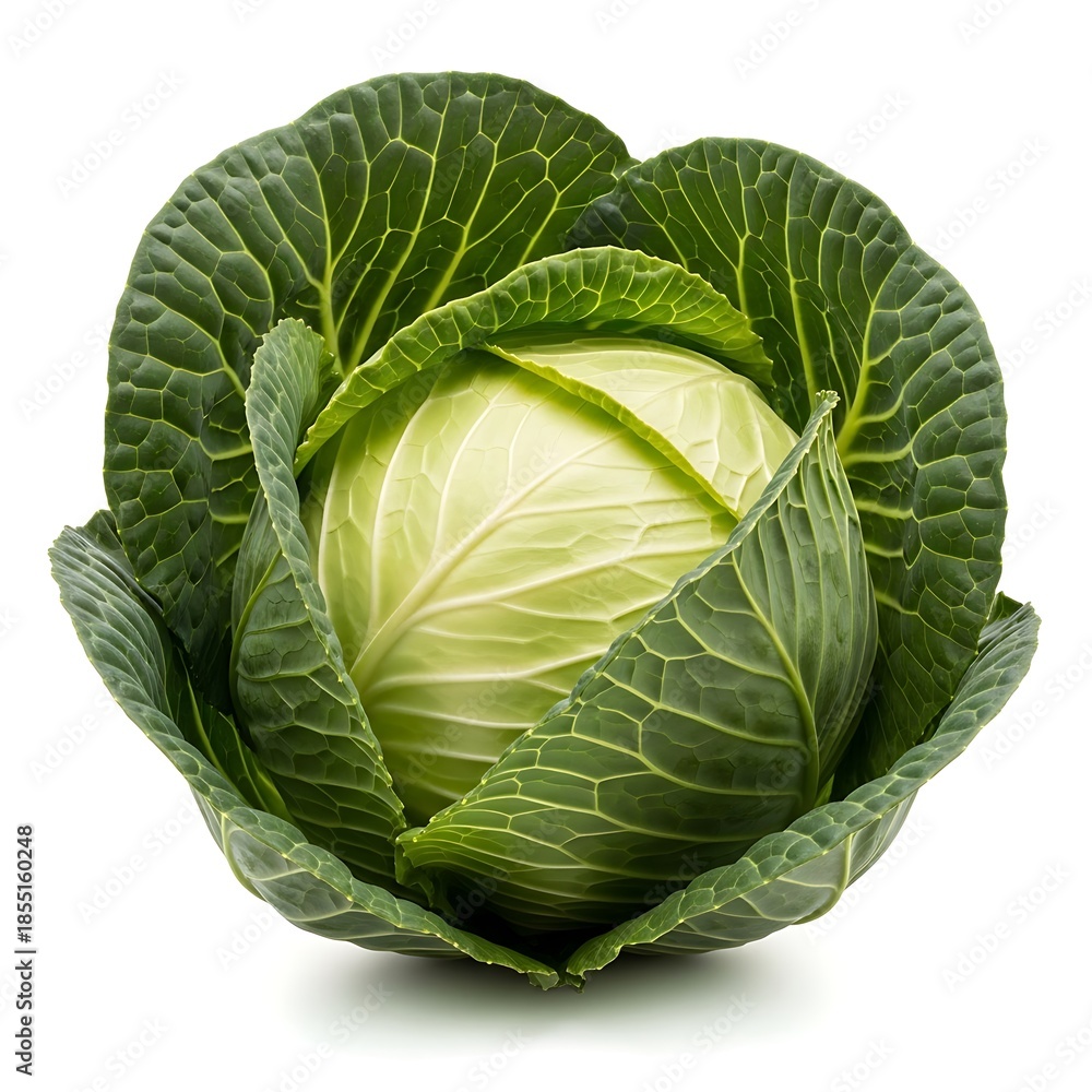 Fototapeta premium Whole Cabbage with Green Outer Leaves on White Background