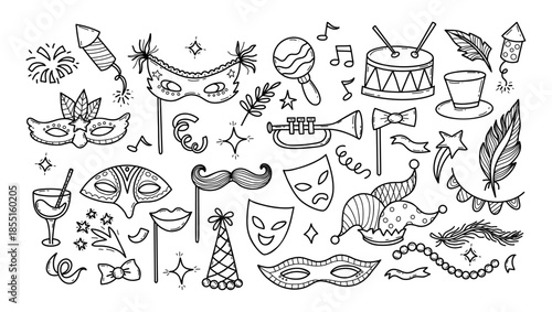 Outline Carnival Doodles. Theatrical, Festive, Party and Masquerade masks, jester hats, musical instruments, feathers with fireworks. Isolated Vector festival Celebration Hand drawing scribble Not AI