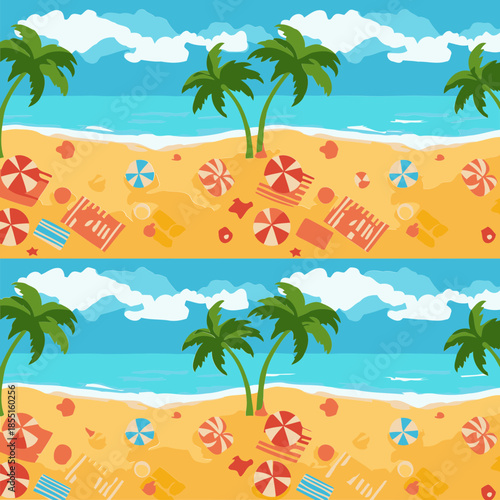 Beach scene with colorful beach umbrellas, towels, and beach balls on a sandy shore with palm trees. Relaxing beach scene with vacationers relaxing on the beach in the summer.