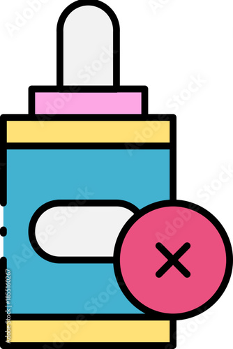 Illustration of a dropper bottle with a red cross symbol indicating no or exclusion